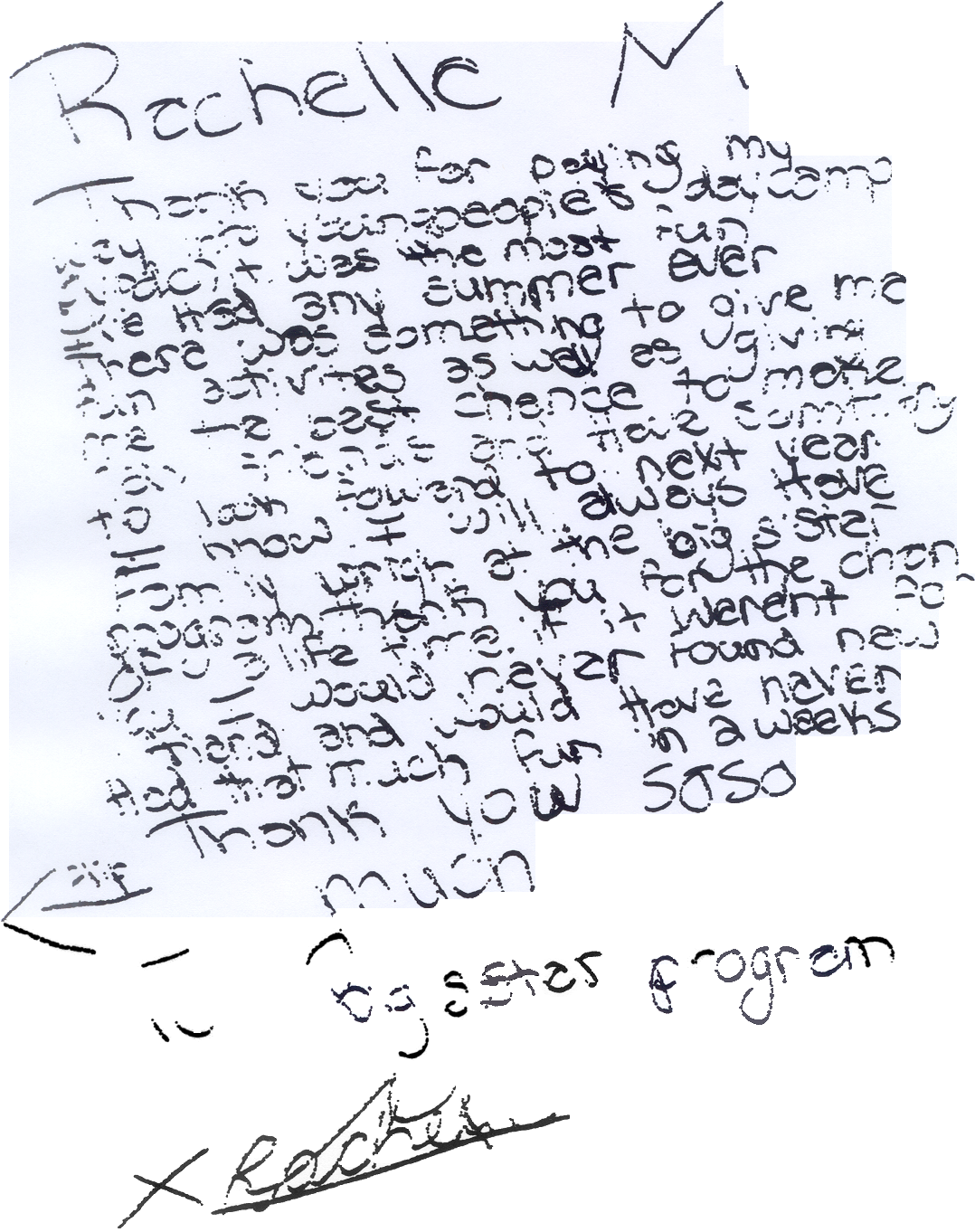 Rachelle's letter about camp pg 1